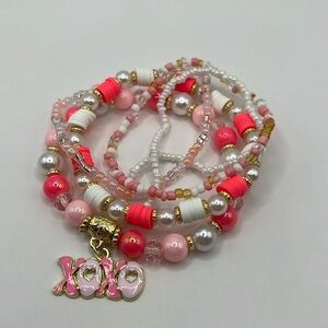 5PC XOXO Charm Pink and Faux Pearl Bracelet Stack